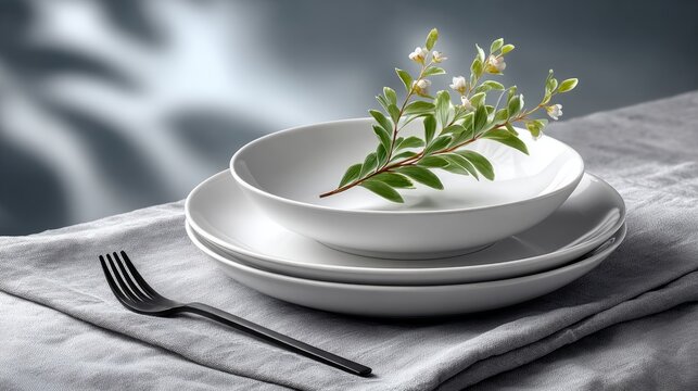 Elegant dining setting with minimalist plates and fresh herbs on a textured surface
