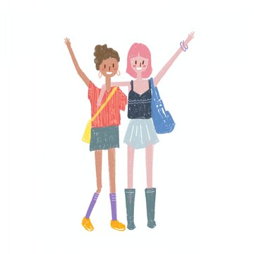 cute friends hugging to celebrating friendship cartoon hand drawn illustration 