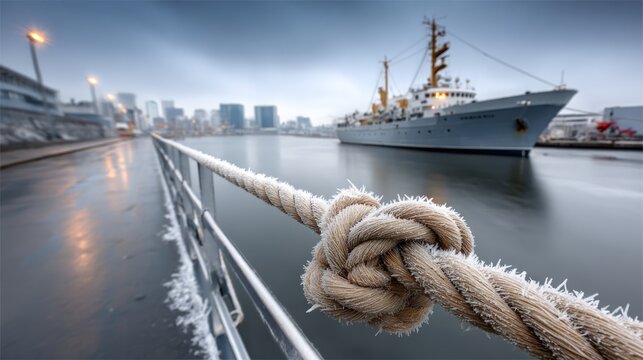 Rope tied at dock with a ship in the distance and city skyline beyond