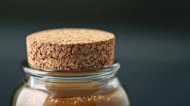 Tight shot of a cork stopper on a honey jar, showing natural cork texture and slight honey residue on the underside.