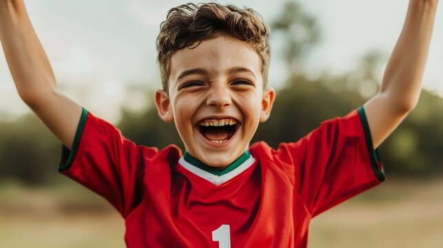 Teenager in a sports uniform, celebrating a victory, team spirit, joyful