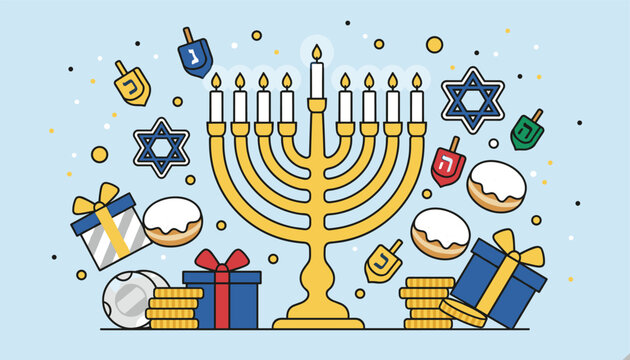 Festive Hanukkah celebration elements including a golden menorah gifts dreidels and donuts on blue background.