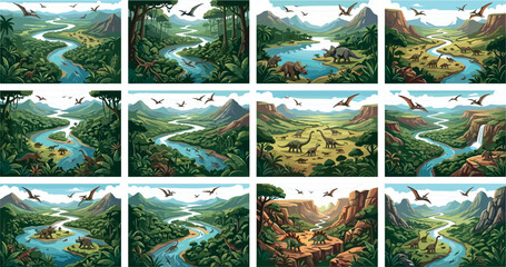 Prehistoric Dinosaur Landscape Vector Background Set Featuring Winding Rivers Flying Pterodactyls Primeval Jungles Valleys and Ancient Nature Environments © MdMonirul