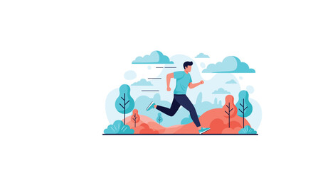Obraz premium Energetic man running outdoors through a scenic natural landscape with hills and clouds, promoting a healthy lifestyle.