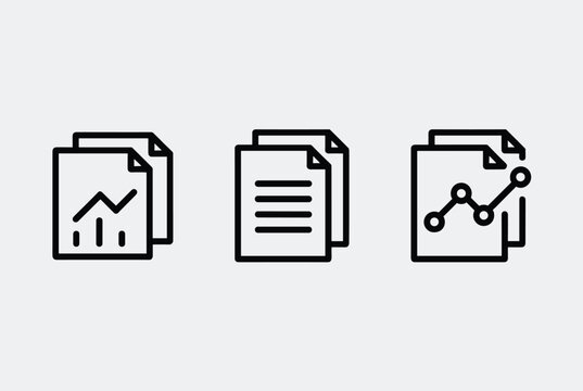 Three simple outline document icons displaying financial growth data analysis charts and text paragraphs.