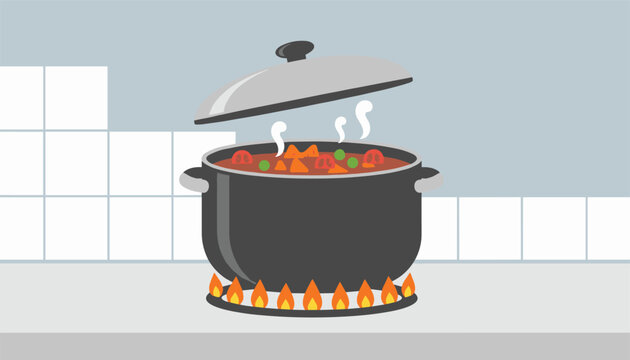 Large black cooking pot filled with hot vegetable soup is boiling on a burning gas stove in the kitchen.