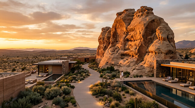Modern desert resort with pool and large rock formation at sunset