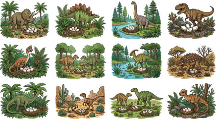 Prehistoric Dinosaur Nests and Eggs Vector Illustration Set Featuring Various Species Guarding Their Offspring in Ancient Nature Habitats © MdMonirul