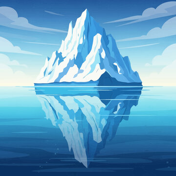Vector illustration of a massive ice mountain iceberg floating in the deep blue ocean water with symmetrical reflection and soft sky clouds