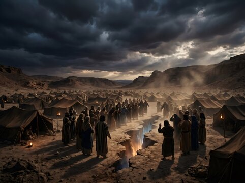 Israelites witnessing earth opening during desert encampment