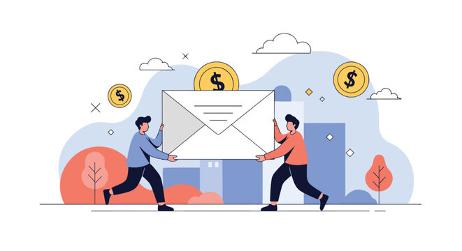 Two businessmen collaboratively carry a large envelope topped with golden dollar coins against an abstract city background, symbolizing financial partnership, investment, and profitable communication.