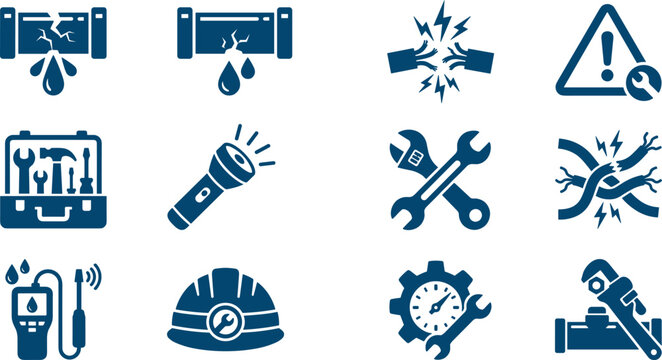 Home Maintenance and Emergency Repair Icon Set Featuring Broken Pipes Water Leaks Broken Wires Tools Warning Signs and Plumbing Equipment