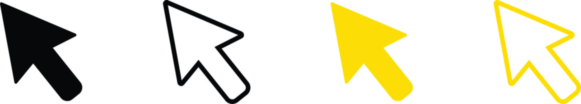 Set of four different mouse cursor icons, including solid black, outlined, solid yellow, and outlined yellow arrow pointers for user interface design
