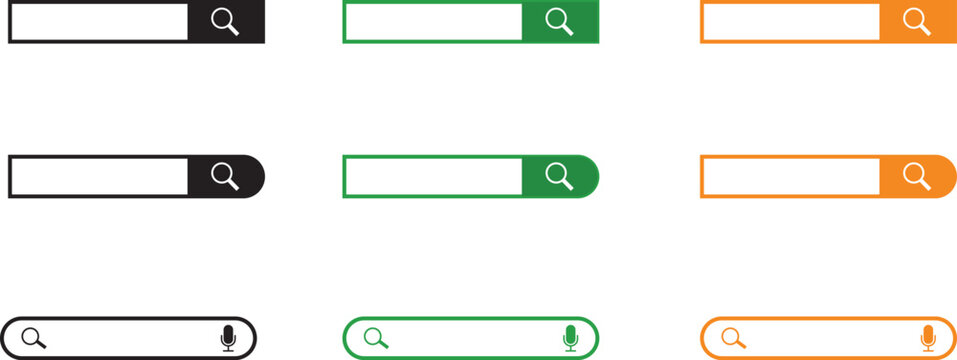 Set of search bars with different colors and styles, including rectangular, rounded, and pillshaped designs with search and microphone icons