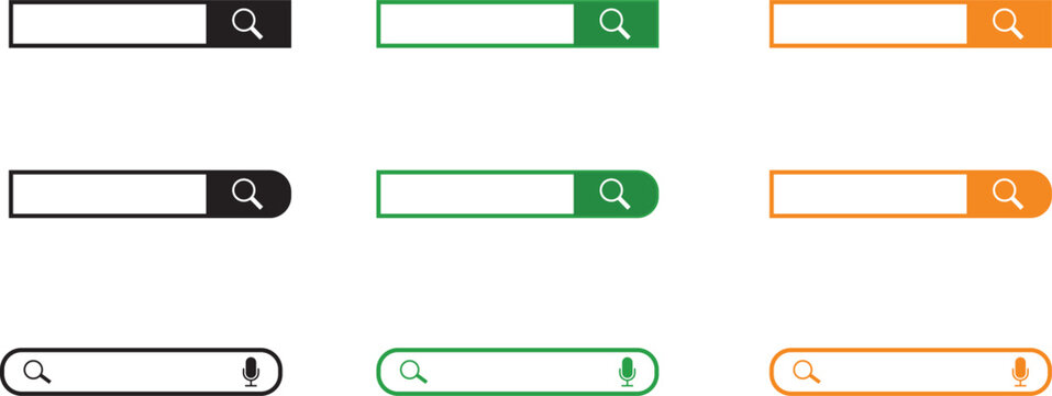 Set of search bars with magnifying glass and microphone icons in black, green, and orange colors, featuring rectangular and rounded corner designs for web and mobile user interface