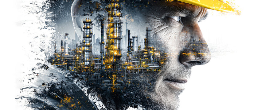 Intensely focused industrial engineer wears yellow hard hat surv