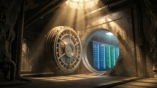 A large, open vault door reveals a modern server room inside, illuminated by beams of light in a dark, industrial setting.