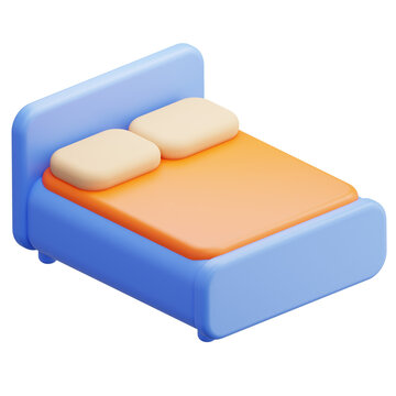 3D Blue Double Bed With Orange Sheets And Pillows Icon