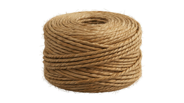 A large spool of coarse brown jute twine rope, tightly wound into a cylinder, isolated on a black background, for rustic craft, and home use
