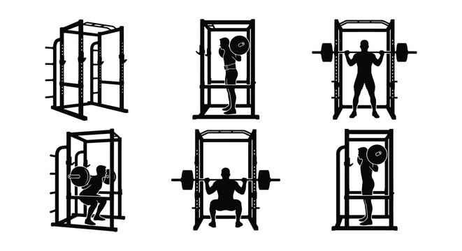 Weightlifting cage silhouettes with barbell exercises black vector illustration