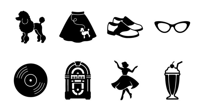 Retro 50s Icons: Poodle Skirt, Jukebox, Vinyl Record, Diner Shake, Vintage Style