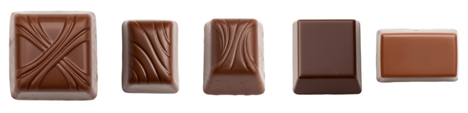 Set of gourmet assorted chocolates with various textures and shapes, isolated on white background. Premium confectionery collection for food styling, dessert marketing, holiday gifts, and elegant culi