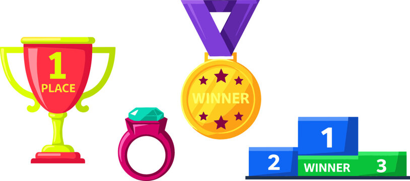 Championship Awards and Sports Victory Vector Element Set Featuring First Place Trophy Gold Winner Medal Championship Ring and Competition Podium