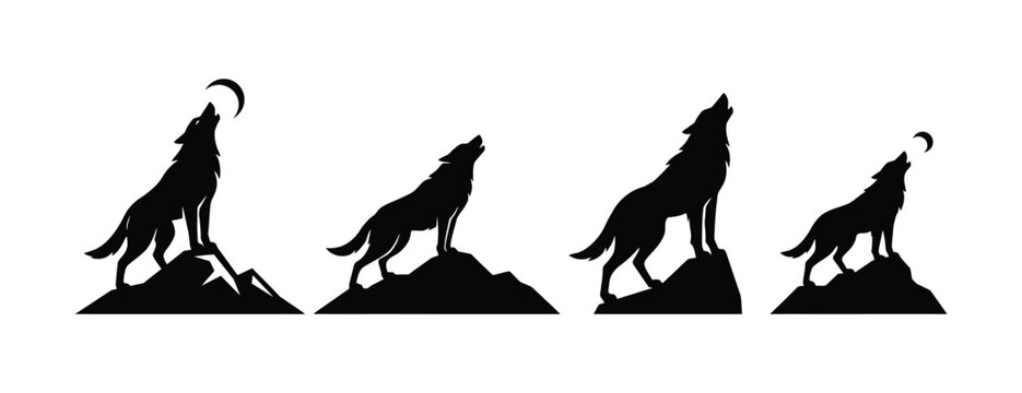 Four black silhouettes of wolves howling at the crescent moon on mountain peaks