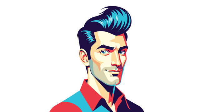 A stylish man with a classic pompadour hairstyle and a confident gaze, dressed in a red and blue shirt, is portrayed in a retro pop art illustration style, conveying charisma and vintage appeal.
