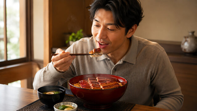 温かみのあるレストラン店内で箸を使ってうなぎの丼を食べる日本人男性
