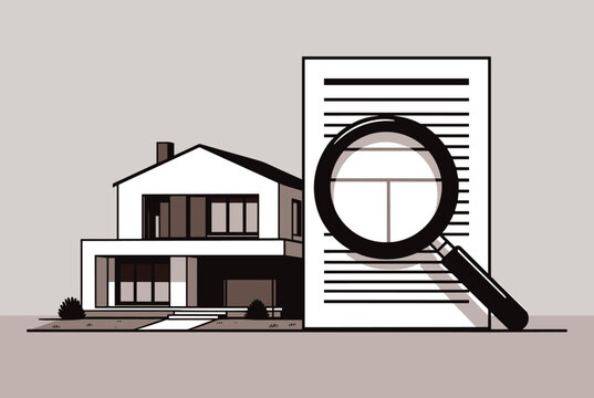 Real estate evaluation concept demonstrating a magnifying glass analyzing house documents for legal purchase.