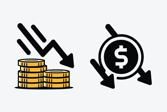 Financial loss graphic showing falling dollar coins and decreasing arrow representing market crash or economic crisis.