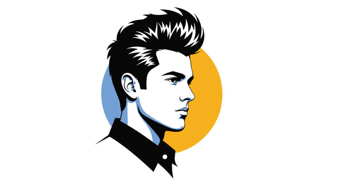 Stylish man in profile view, showcasing a striking pompadour hairstyle, framed by a vibrant yellow and blue circular background.