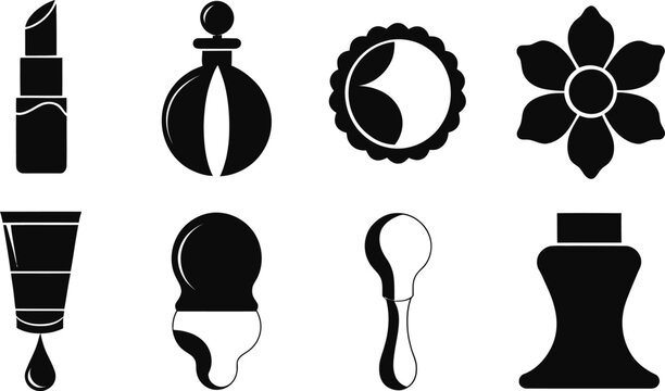 Black beauty icons, makeup symbols, cosmetics signs, skincare vector graphics