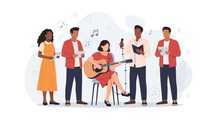 Obraz premium Diverse Group of People Singing and Playing Guitar Together in a Music Session with Notes and Abstract Shapes