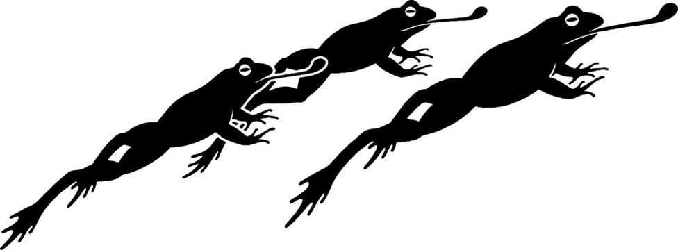 Three black frogs leaping in dynamic motion.