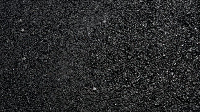 A close-up shot of a dark asphalt surface. The texture is rough and granular, composed of small, dark aggregate stones embedded in a black binder.