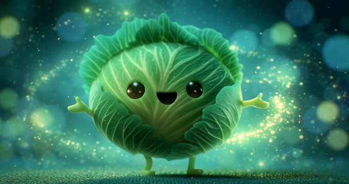cute anthropomorphic green cabbage character with joyful expression and glowing background