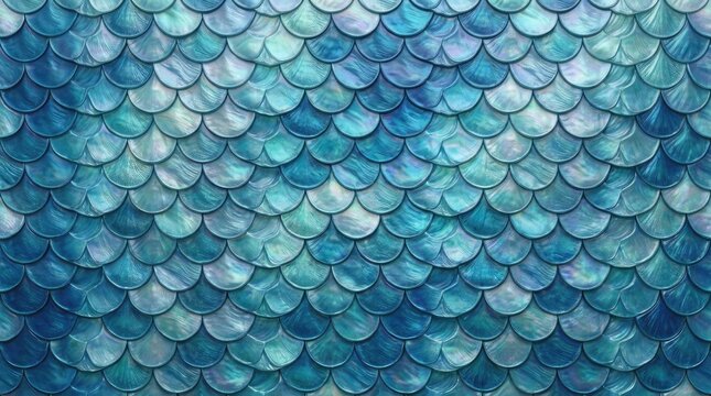 A seamless pattern displays a close-up of iridescent blue and green seashell scales. The scales exhibit a shimmering, opalescent effect, with subtle variations in color and texture.