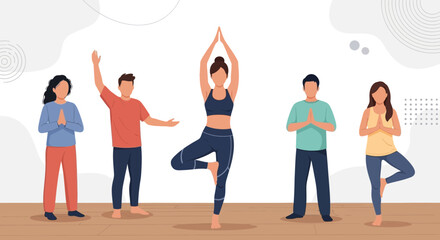 Fototapeta premium Diverse Group Practicing Yoga Together, Flat Design Vector Illustration