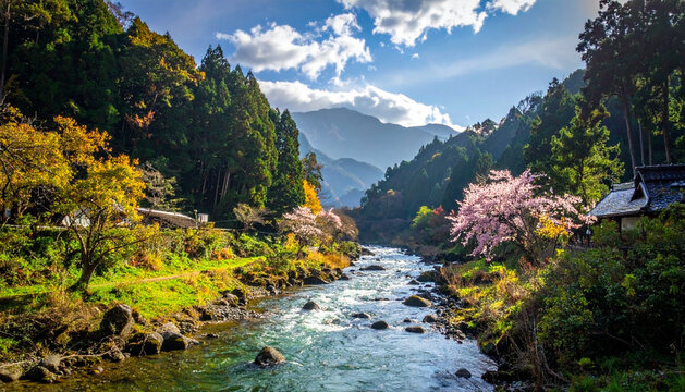 新緑が美しい里山の清流と山々の風景