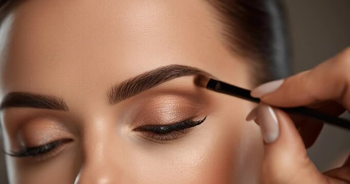 Makeup artist applying eyebrow powder using an angled brush on a young beautiful model in a beauty salon, a professional visagist correcting the shape of the eyebrows 