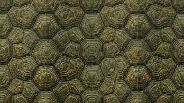 A close-up view of a tortoise shell. The shell displays a dense, intricate pattern of hexagonal scales.