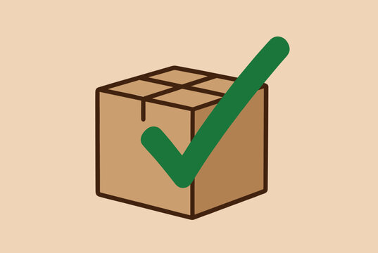Cardboard delivery box with a large green check mark symbol overlay indicating successful shipping or approval.