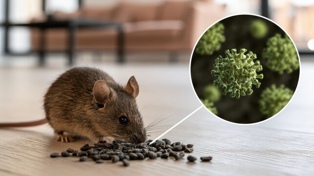 A brown mouse is eating droppings on a wooden floor, with an inset showing a magnified virus or bacteria, suggesting disease transmission risk.