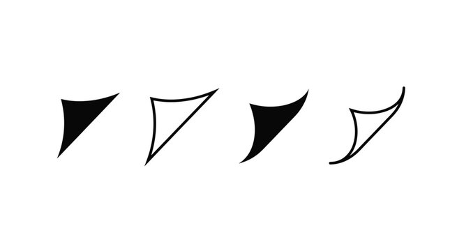 Minimalist black and white vector illustration showing various curled paper corner design elements for websites