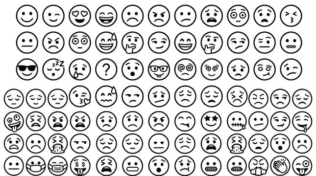 A comprehensive vector illustration set featuring various black and white linear emoji facial expression designs