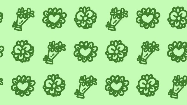 Seamless pattern of hand-drawn flower bouquets, heart centered blossoms, and decorative rosettes on a green background animation for romantic spring floral wallpaper.