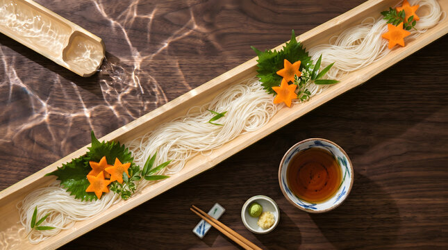 Cold somen flowing through bamboo with clear water and Tanabata summer styling
