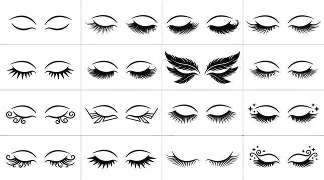 A set of black and white vector illustration designs featuring various artistic closed eye lashes